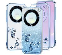 for Honor Magic 5 Lite Phone Case,Glitter for Women Girls Shockproof Protector,Honor Magic 5 Lite Bling Case Charms Luxury Diamond Floral Clear Sparkle Pink Cute Phone Cover Soft TPU
