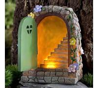 for HPLIVE Miniature Resin Elf Door with Chandelier, Fairy Gate Staircase Solar Yard Resin Ornament Crafts Country Life Stairs Children Yard Retro Lawn Ornament