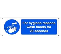 For Hygiene Reasons Wash Hands For 20 Seconds - safety sign - High tack self-adhesive sticker (450mm x 150mm) Viewing Distance within 7m.