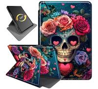 for iPad 10.2 Case (9th/8th/7th Gen, 2021/2020/2019), 360° Rotating Stand Folio Cover with Auto Wake/Sleep, Durable PU Leather Shockproof Protective Case for Women, Boys, Love Skull Rose