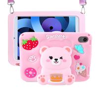 for iPad 10th Generation case 10.9 Inch 2022 for iPad A16 Case 11th Generation with Cute Kids Kawaii Cover Girls 3D Bear Cartoon with Kickstand & Shoulder Strap Soft Silicone Case (Pink)