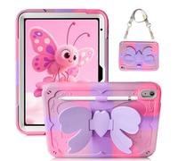 for iPad 10th Generation Case Kids Case for iPad A16 11th Rugged Heavy Duty Shockproof Protective Cover 10.9 inch Built in Kickstand Shoulder Strap Pencil Holder,Pink Purple