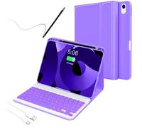 For iPad 10th Generation Case with Keyboard,Adjustable 7 Color Backlit, Detachable with Pencil Holder,Bluetooth Keyboard for 10.9 inch 2022(Included Capacitor Pen Cleaning Cloth),Lavender purple