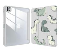 for iPad 11 Inch Case (A16) 11th 2025/10.9 Inch Case 10th Gen 2022 with Pencil Holder,Girly Cartoon Dinosaur Grey Leather Clear Cover Acrylic Back Protective Shell,Auto Wake/Sleep