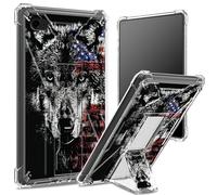 for iPad 9.7 inch iPad 6th 5th Gen 2018 2017 Model iPad Air 2/ iPad Air Soft Case, Transparent Back with Wolf American Flag, Corner Protection Shockproof Cover with Hard Kickstand