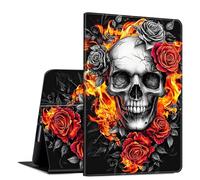 for iPad 9th/8th/7th Generation 10.2 Inch Case 2021/2020/2019 PU Leather Slim Folio Lightweight Multiple Viewing Angles Smart Cover with Auto Wake/Sleep, Skull Roses Fire