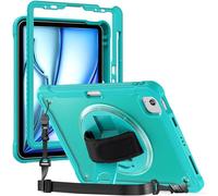 for iPad Air 11 Inch (M4/M3/M2) 2026/2025/2024 Shockproof Case w Screen Protector,Heavy Duty Hybrid Protective Case Cover 360 Rotating Grip Bracket+Shoulder Strap (Blue)