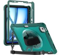 for iPad Air 11 Inch (M4/M3/M2) 2026/2025/2024 Shockproof Case w Screen Protector,Heavy Duty Hybrid Protective Case Cover 360 Rotating Grip Bracket+Shoulder Strap (Green)