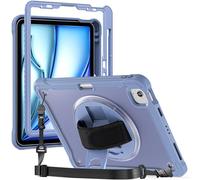for iPad Air 11 Inch (M4/M3/M2) 2026/2025/2024 Shockproof Case w Screen Protector,Heavy Duty Hybrid Protective Case Cover 360 Rotating Grip Bracket+Shoulder Strap (Purple)