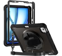 for iPad Air 11 Inch (M4/M3/M2) 2026/2025/2024 Shockproof Case w Screen Protector,Heavy Duty Hybrid Protective Case Cover 360 Rotating Grip Bracket+Shoulder Strap (Black)