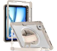 for iPad Air 11 Inch (M4/M3/M2) 2026/2025/2024 Shockproof Case w Screen Protector,Heavy Duty Hybrid Protective Case Cover 360 Rotating Grip Bracket+Shoulder Strap (Khaki)
