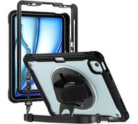 for iPad Air 11 Inch (M4/M3/M2) 2026/2025/2024 Shockproof Case w Screen Protector,Heavy Duty Hybrid Protective Case Cover 360 Rotating Grip Bracket+Shoulder Strap (Clear)