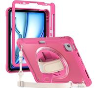 for iPad Air 11 Inch (M4/M3/M2) 2026/2025/2024 Shockproof Case w Screen Protector,Heavy Duty Hybrid Protective Case Cover 360 Rotating Grip Bracket+Shoulder Strap (Rose Red)