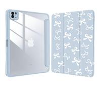 for iPad Air 13 Inch Case M3 2025/M2 2024 with Pencil Holder,Girly White Ribbon Tie Blue Leather Clear Cover Acrylic Back Protective Shell,Auto Wake/Sleep