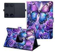 for iPad Mini 7 Case 8.3 inch Lightweight 360 Degree Rotating PU Leather Cover with Multi-Angle Viewing Stand Tablet Case for iPad Mini 7th Generation 2024 - Purple Butterflies Rose Flower