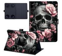 for iPad Mini 7 Case 8.3 inch Lightweight 360 Degree Rotating PU Leather Cover with Multi-Angle Viewing Stand Tablet Case for iPad Mini 7th Generation 2024 - Pink Flower and Skull