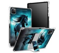 for iPad Pro 11 inch 4th/3rd/2nd/1st Generation 2022/2021/2020/2018 Case with Pencil Holder, Transparent Back with Black Horse Nature, Corner Shockproof Cover with Kickstand