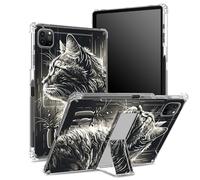 for iPad Pro 11 inch 4th/3rd/2nd/1st Generation 2022/2021/2020/2018 Case with Pencil Holder, Transparent Back with Badass Cat, Corner Shockproof Cover with Kickstand