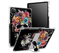 for iPad Pro 11 inch 4th/3rd/2nd/1st Generation 2022/2021/2020/2018 Case with Pencil Holder, Transparent Back with Sugar Skull Flowers, Corner Shockproof Cover with Kickstand