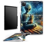 for iPad Pro 12.9 6th Gen 2022/ 5th Gen 2021/ 4th Gen 2020/ 3rd Gen 2018 Case with Pencil Holder, Clear Shockproof Corners Case with Built-in Kickstand Soft TPU Bumper, Aliens and Cat