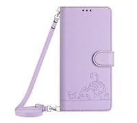 for iPhone 11 Case with Card Holder Lanyard, Embossed Cat Magnetic Back Flip Case for iPhone 11 Wallet Protective Case Phone Case for iPhone 11 Purple