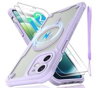 for iPhone 12 mini Case, Translucent Matte Back Compatible with Magsafe Magnetic Slim Shockproof Protective Case with Lanyard Strap and 2*9H Tempered Glass Screen Protector Phone Cover 5.4”-Purple