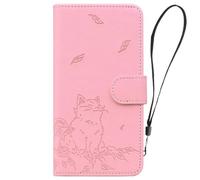 for iPhone 13 Mini/ 12 Mini Case, Shockproof PU Leather Wallet Phone Case Embossed Persian Cat with Stand Card Slot Holder Notebook Slim Fit TPU Bumper Flip Folio Protective Cover Pink