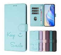 for iPhone 13 mini Case, Shockproof PU Leather Flip Wallet Phone Cases Embossed Smile Protective Cover with Card Holders Magnetic Closure Kickstand for iPhone 13 mini Mint Green
