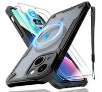 for iPhone 13 mini Case, Translucent Matte Back Compatible with Magsafe Magnetic Slim Shockproof Protective Case with Lanyard Strap and 2*9H Tempered Glass Screen Protector Phone Cover 5.4”-Black