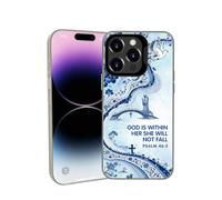 for iPhone 13 Pro Max Vintage Christian Bible Verse Phone Case Light Blue | Shockproof Anti-Scratch Protective Phone Cover Psalm 46 5 Cross White Dove Blue Floral River Bridge Virgin Figure