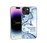 for iPhone 14/15 Plus Vintage Christian Bible Verse Phone Case Light Blue | Shockproof Anti-Scratch Protective Phone Cover Psalm 46 5 Cross White Dove Blue Floral River Bridge Virgin Figure