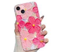 for iPhone 15 Plus Case Luxury Sparkle Translucent Cute Floral Flowers Women Girly With Phone Strap Chars Wristlet Lanyard Shockproof Protective Women Girly Phone Cases for iPhone 15 Plus Hot Pink