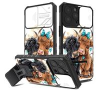 for iPhone 15 Pro Case, Hidden Camera Cover & Foldable Kickstand Phone Case for iPhone 15 Pro, Anti-Scratch Shockproof Slim Full Body Protective Cover for Women Girls, Cute Highland Cow