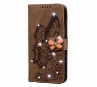 for iPhone 16 Case, Glitter Glossy Butterfly PU Leather Gems Bling Diamond Buckle Chain Shock-Absorption Slim Flip Folio Wallet Phone Case with Card Holder Kickstand Magnetic Closure brown