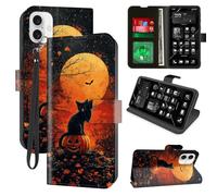 for iPhone 16 Plus 6.7'' Wallet Case with RFID Blocking, 4 Card Holders, Kickstand, Wrist Strap - Magnetic PU Leather Flip Phone Case Protective Cover for Women & Men, Halloween,Lonely Black Cat