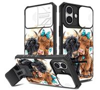 for iPhone 16 Plus Case, Hidden Camera Cover & Foldable Kickstand Phone Case for iPhone 16 Plus, Anti-Scratch Shockproof Slim Full Body Protective Cover for Women Girls, Cute Highland Cow