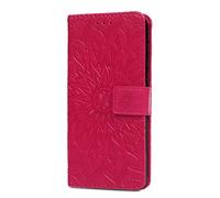 for iPhone 16 Pro Max Case, Shockproof PU Leather Wallet Phone Case Embossed Sunflower with Stand Card Slot Holder Notebook Slim TPU Bumper Flip Folio Protective Cover for iPhone 16 Pro Max Hot red