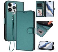 for iPhone 16 Pro Wallet Case, Slim Leather Wallet Phone Case with Card Slots, Wrist Strap & Kickstand, Shockproof Protective Cover for Men Women(Dark Green)