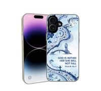 for iPhone 16 Vintage Christian Bible Verse Phone Case Light Blue | Shockproof Anti-Scratch Protective Phone Cover Psalm 46 5 Cross White Dove Blue Floral River Bridge Virgin Figure