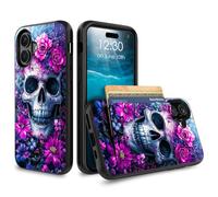 for iPhone 17 Case Wallet Case with Credit Card Holder Dual Layer Shock Proof Protective Phone Case for iPhone 17 6.3 inch 2025 - Cute Skull and Flowers