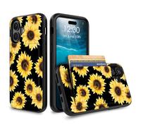 for iPhone 17 Case Wallet Case with Credit Card Holder Dual Layer Shock Proof Protective Phone Case for iPhone 17 6.3 inch 2025 - Black Sunflowers
