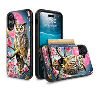 for iPhone 17 Case Wallet Case with Credit Card Holder Dual Layer Shock Proof Protective Phone Case for iPhone 17 6.3 inch 2025 - Cherry Flower Moon and Owl