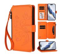 for iPhone 17 Pro Max Case, Flip PU Leather Embossed Buttrefly Flower Zipper Shockproof Book Wallet Phone Cases Folio Magnetc Protective Cover with Stand Card Holder Slots,Orange