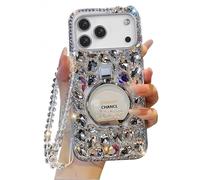 for iPhone 17 Pro Max Case for Women Girls,Luxury Plating Bling Glitter Diamond Design,iPhone 17 Pro Max Phone Case Girly Handmade Sparkle Rhinestone Soft TPU with Ring Stand and Bead Strap White
