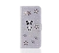 for iPhone 17 Pro Max Case, Glitter PU Leather Handmade Bling Sparkly Diamonds Buckle Gems Panda Wallet Phone Cases Protective Cover with Stand Card Slots Magnetic for iPhone 17 Pro Max Silver