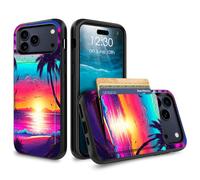 for iPhone 17 Pro Max Case Wallet Case with Credit Card Holder Dual Layer Shock Proof Protective Phone Case for iPhone 17 Pro Max 6.9 inch 2025 - Sunset Beach Palm Tree