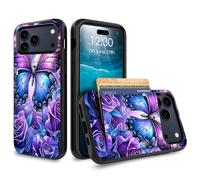 for iPhone 17 Pro Max Case Wallet Case with Credit Card Holder Dual Layer Shock Proof Protective Phone Case for iPhone 17 Pro Max 6.9 inch 2025 - Purple Butterflies Rose Flower