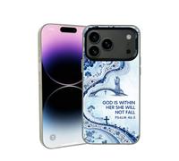 for iPhone 17 Pro Max Vintage Christian Bible Verse Phone Case Light Blue | Shockproof Anti-Scratch Protective Phone Cover Psalm 46 5 Cross White Dove Blue Floral River Bridge Virgin Figure