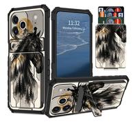 for iPhone 18/17 Pro Wallet Case 6.3" Credit Card Holder & Kickstand | Dual Layer Hybrid Cover with Black Horse Mountain Design Heavy Duty Shockproof Protective Case for iPhone 18 Pro 2026