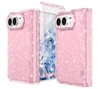 For iPhone Duo Case Clear Sparkle with Hinge Protection Pink Glitter | Built-in Glass Screen Protector for Fold Shockproof Protective Anti-Yellow Phone Case Cover for women girls